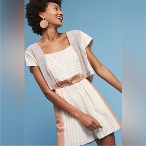 Anthropologie Elevenses striped linen blend open back romper neutral boho